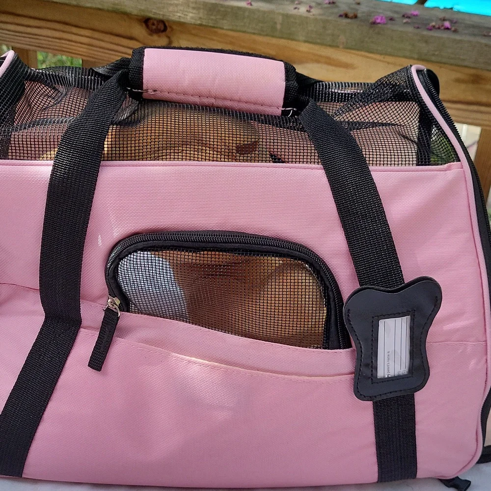 Dog or cat carrier, pink, padded bottom, zippered vents, sz S